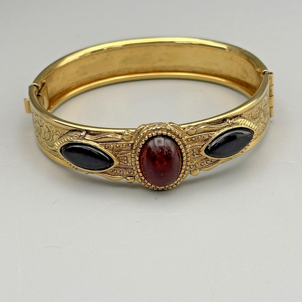 Vintage Victorian Revival Goldtone Bangle Red and Black Glass Etruscan